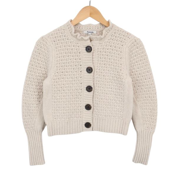 Madewell Scalloped Merino Wool-Blend Cropped Cardigan Sweater Oat Tan Size XS - Picture 3 of 8